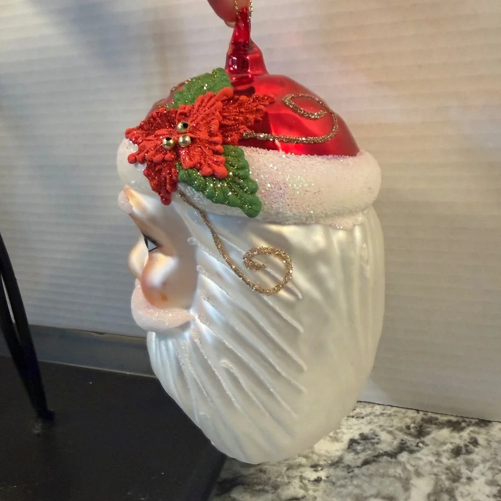 Large Glass Santa Claus Head Christmas Ornament Poinsettia Glitter Red 7